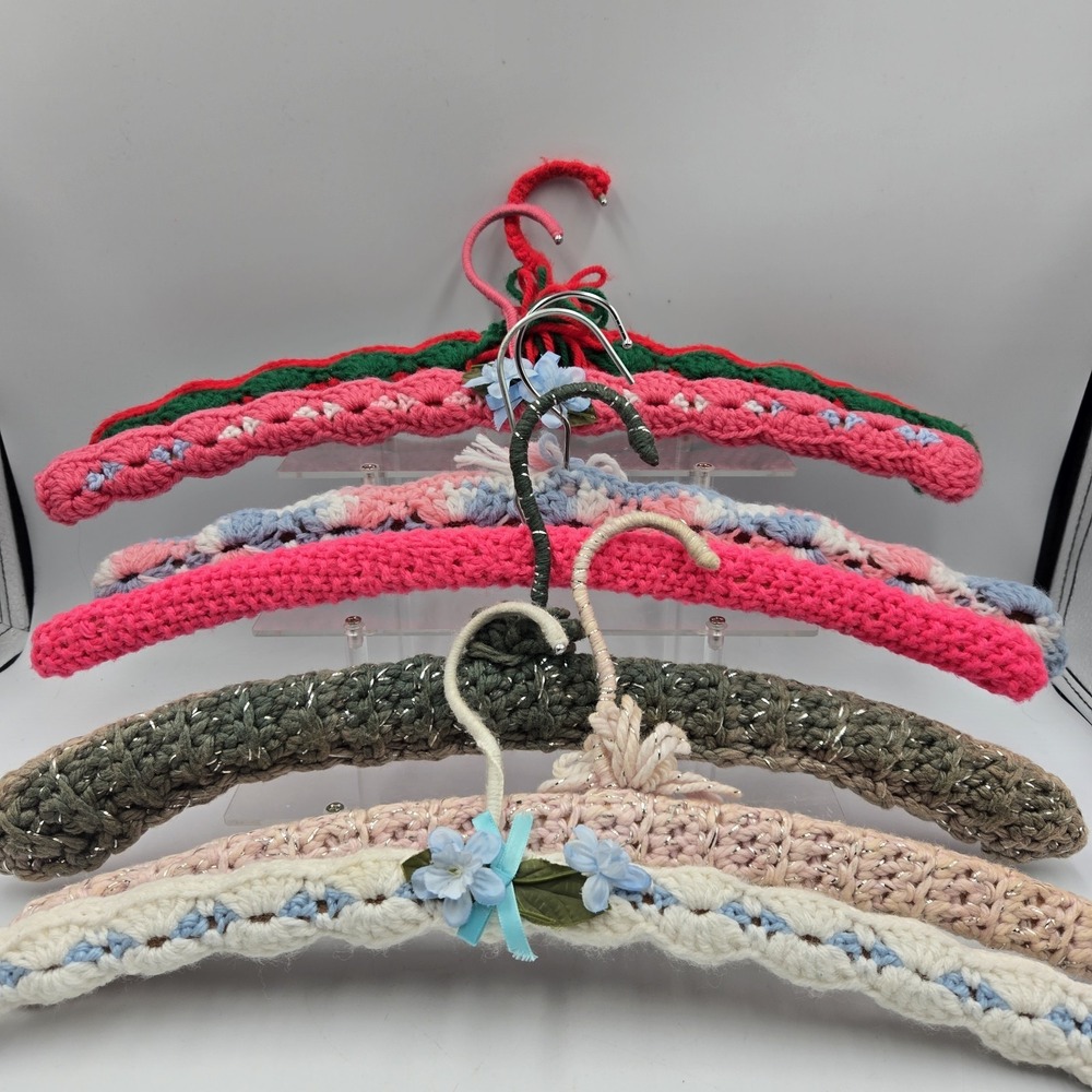Crochet Knitted Hangers Grannycore Chic Lot of 7 VTG Handmade Wooden Countrycore